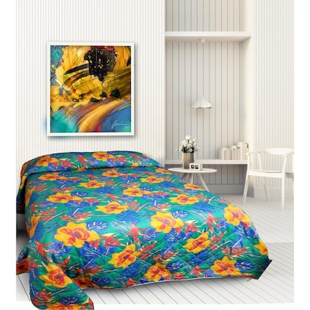 Kd Quilted Tropical Print Bedspread, Blue, Orange & Yellow - Queen Size KD3182528